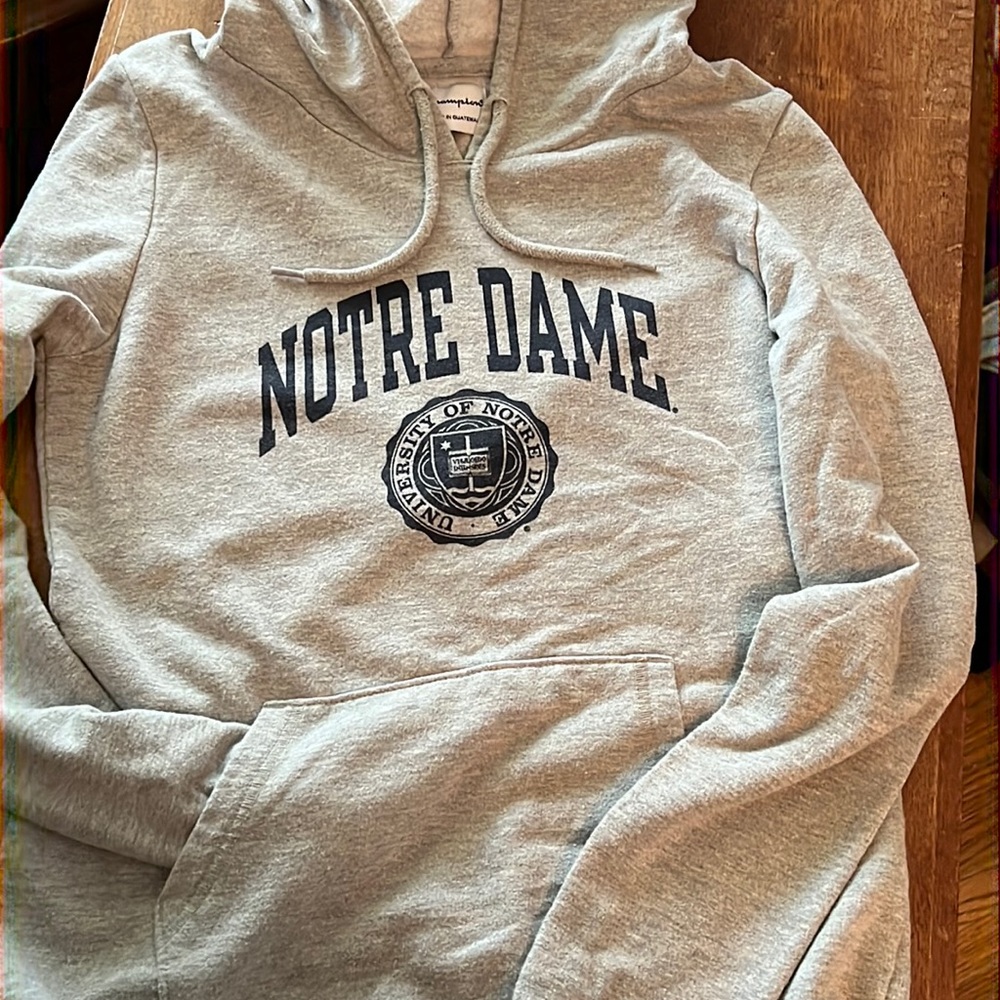 Notre Dame Champion Grey Hooded Sweatshirt.